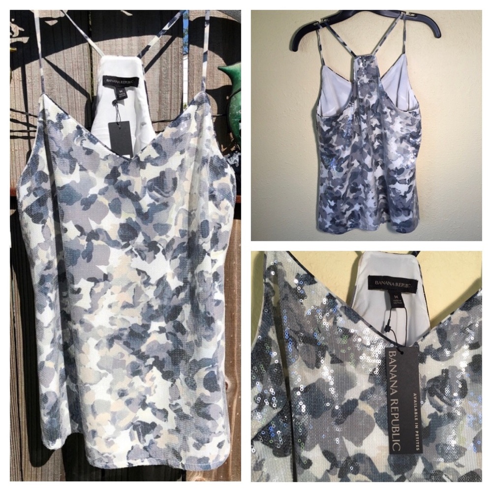 NEW Banana Republic Sequined Grey Print Razorback Top M